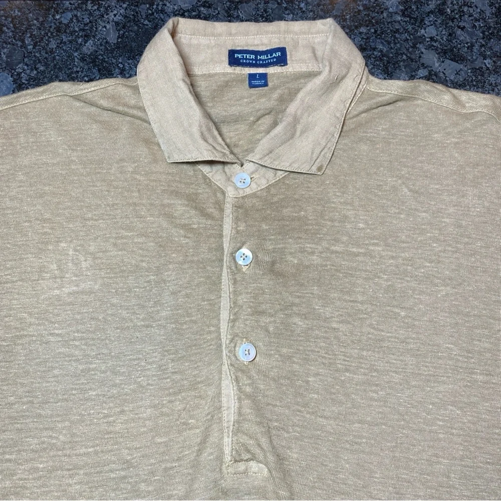 Peter Millar Crown Crafted Polo Shirt Mens Large Brown Tan Linen